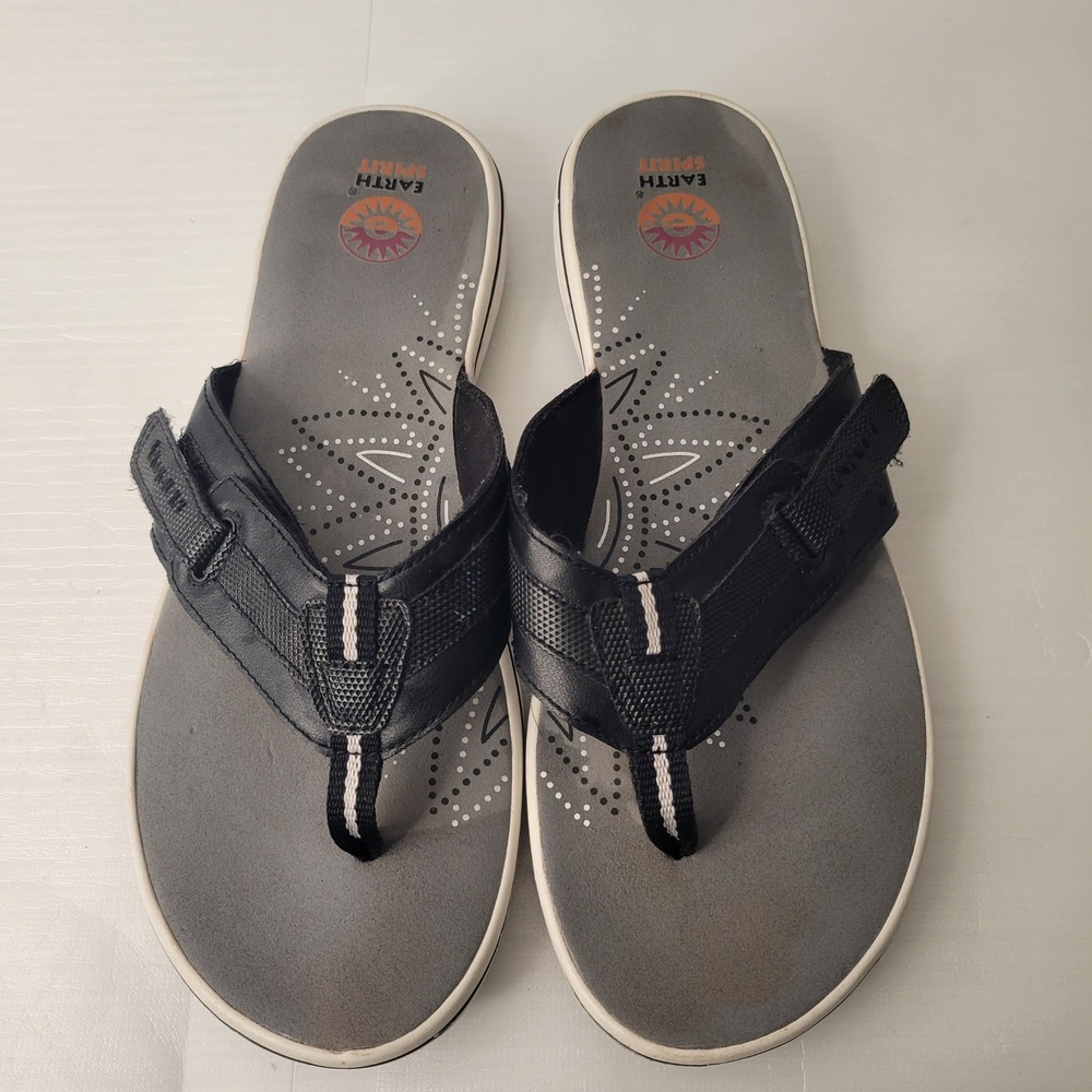Earth Spirit Sandals Women 10 Black Adjustable Strap Comfort Thong Flip Flops